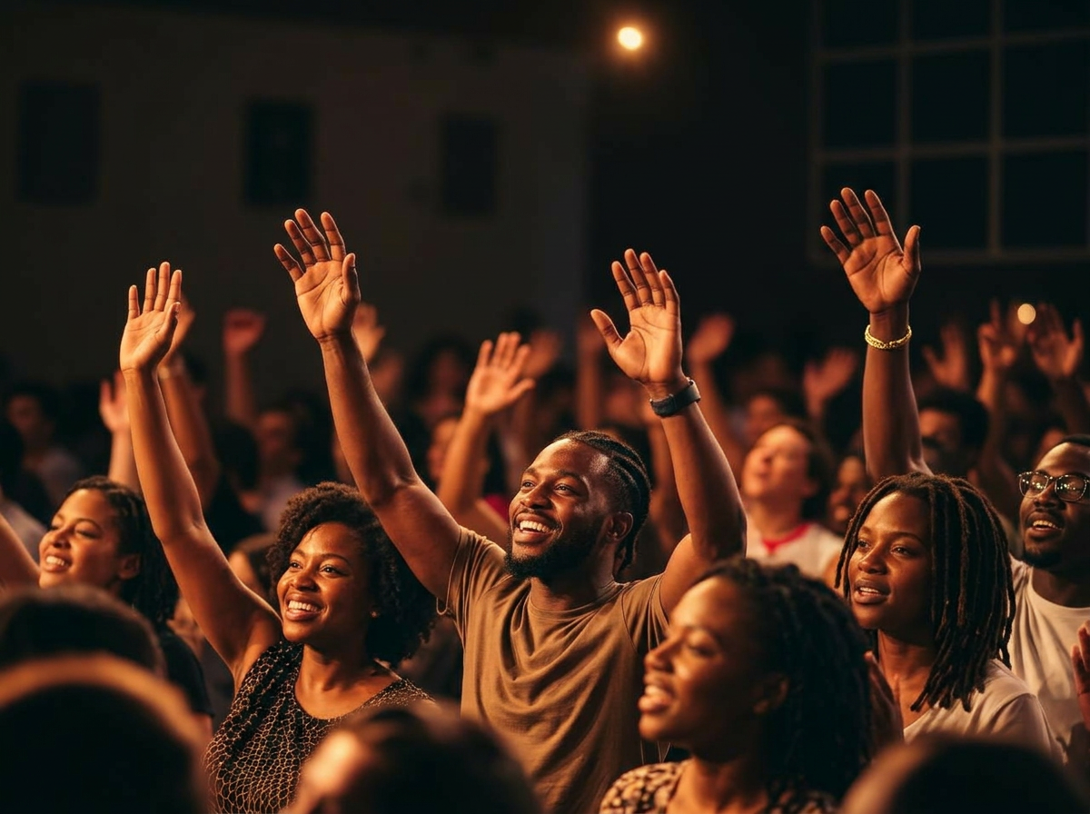 Joyful congregation worshipping with hands raised